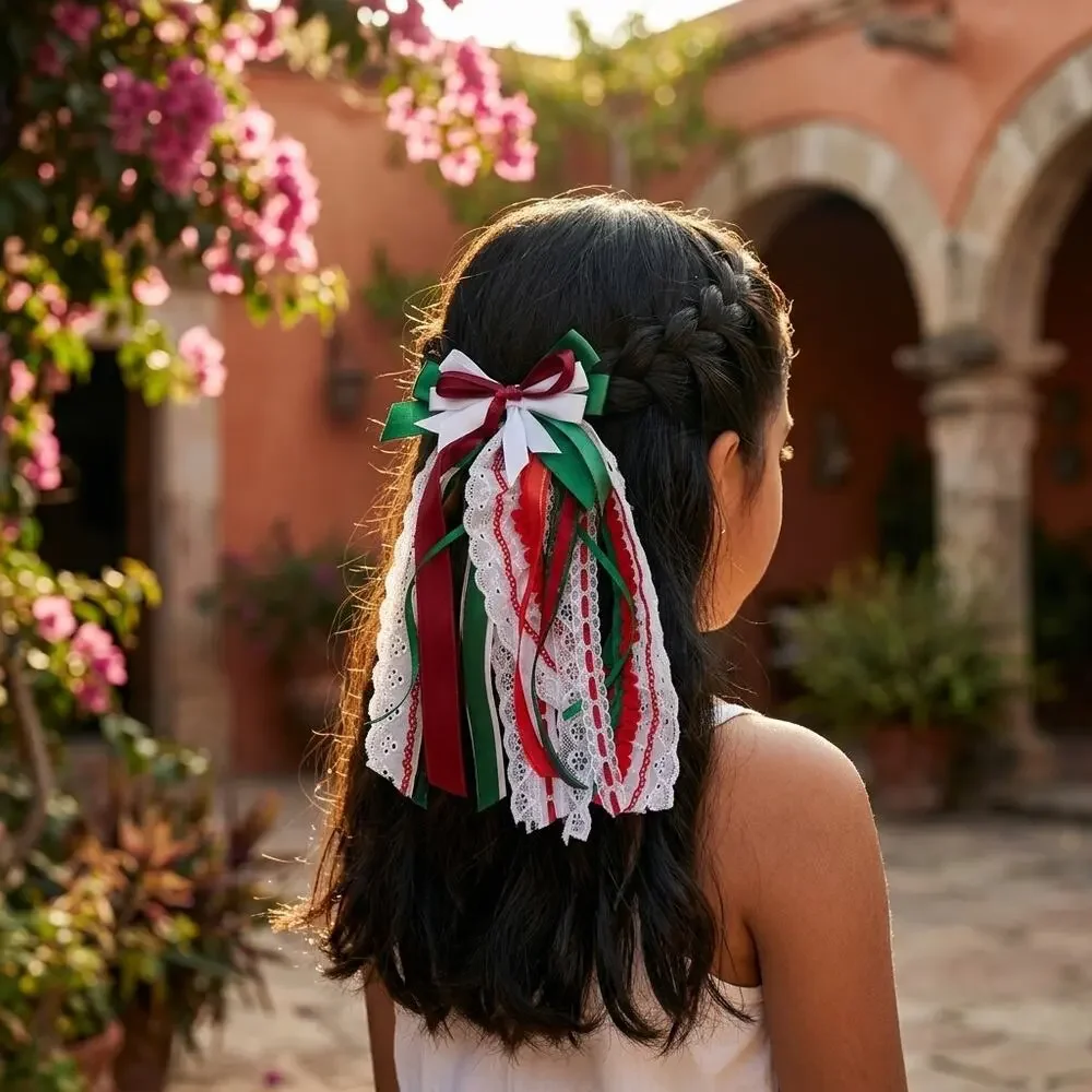 Mexican hair clip tri color lace and ribbon red green and white